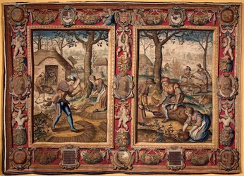 November und Dezember: landwirtschaftliche Arbeit und Schweineschlachtung, Tapisserie der Mortlake-Manufakturen, 17. Jahrhundert, Genua, Musei di Strada Nuova