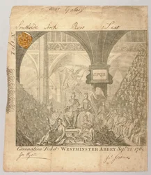 Eintrittskarte für die Krönungszeremonie Georgs III. in der Westminster Abbey, gestochen von George Bickham, 22. September 1761