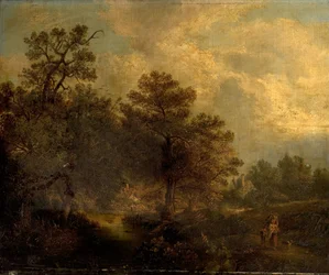 Waldszene mit Bach und Hütten