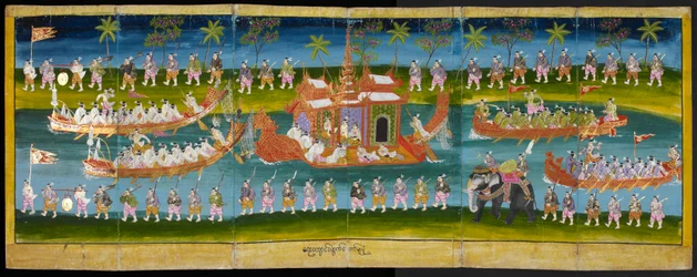 Parabaik-Bild, das ein königliches Fest auf dem Wasser zeigt, Königliche Barkenprozession, Or 16761, f. 35r
