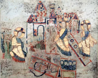 Byzantinische Kunst: „Darstellung des Erlösers Christus, der die Tore der Unterwelt niederreißt, Satan zerschmettert und Seelen befreit“ Miniatur aus „Exultet“ vom Anfang des 11. Jahrhunderts Museo Diocesano, Gaeta