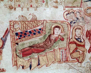 Byzantinische Kunst: „Die Geburt Christi und die Verkündigung an die Hirten“. Miniatur aus dem „Exultet“ vom Anfang des 11. Jahrhunderts. Museo Diocesano, Gaeta