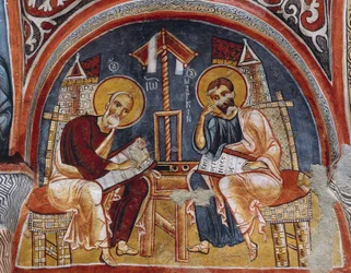 Evangelisten Lukas und Matthäus schreiben Evangelien, Karanlik Kilise (Dunkle Kirche) (12.-13. Jahrhundert), Göreme (Unesco-Welterbeliste)