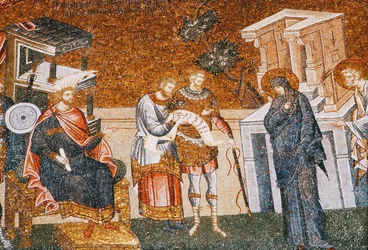 Maria und Josef vor Cyremius zur Einschreibung für die Besteuerung, mit einem Wächter, einem Schreiber und einem Offizier, ca. 14. Jahrhundert