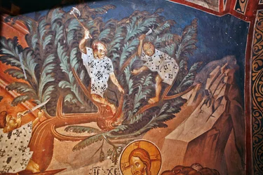 Der Einzug Christi in Jerusalem. Detail: Kinder schneiden Palmzweige - Malerei von Damiane (aktiv im 14. Jahrhundert) - 14. Jahrhundert - Fresko - St. Georgs Kloster, Ubisi