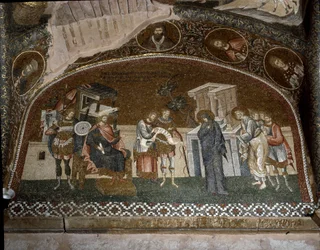 Die Volkszählung, Maria und Josef vor Herodes dem Großen (Mosaik von 1310-1320)