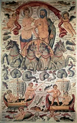 Byzantinische Kunst: Triumph von Neptun und Amphitrite. Neptun und Amphitrite nackt auf einem Wagen, gezogen von vier Seepferdchen. Mosaik des 3. Jahrhunderts. Louvre Museum, Paris