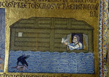 Geschichte Noahs: Noah entsendet den Raben und die erste Taube. Detail der Innenmosaiken in der Basilika San Marco, 11. Jahrhundert