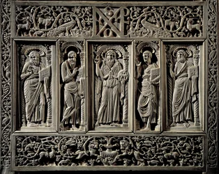 Byzantinische Kunst: „Johannes der Täufer und die vier Evangelisten“ unteres Detail des Bischofsstuhls von Ravenna Maximien (546-554) Bischofsthron (Kathedra) aus Elfenbein, wahrscheinlich in Konstantinopel hergestellt. Ravenna, Museo Arcivescovile