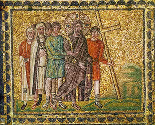 Das Tragen des Kreuzes. Christus, Soldaten und Hohepriester auf dem Weg nach Golgatha