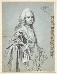 Studie zu einem Porträt, vermutlich von A. G. Moltke; rechts auf dem Blatt Studie zur Kette des Elefantenritterordens