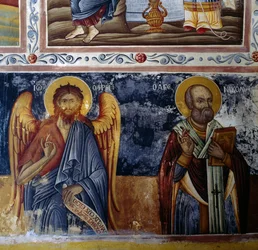 Erzengel und Heiliger, Freskengewölbe im Kloster Mikro Sotiris, Symi Insel, Griechenland (Foto)