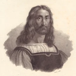 Porträt des italienischen Kupferstechers Marcantonio Raimondi (1480-1534), Kupferstich von Barni nach einem Gemälde von Raffaello Sanzio