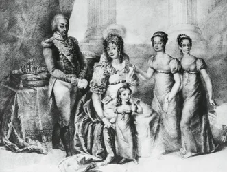 Porträt von Viktor Emanuel I., König von Sardinien und Herzog von Savoyen, Piemont und Aosta, mit seiner Frau Maria Theresia von Österreich-Este und seinen Töchtern, Maria Teresa von Savoyen (1803-1879), Maria Anna von Savoyen und Maria Cristina von Savoye