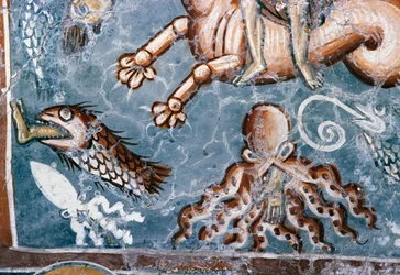 Meerestiere, Detail aus Fresko in der Kirche Agios Georgios, Mourne, Kreta, Griechenland (Foto)