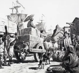 Eine Warenlieferung an die Lagerhäuser der Ostindien-Kompanie