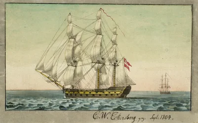 Ein dänisches Kriegsschiff unter Segeln, von der Leeseite gesehen