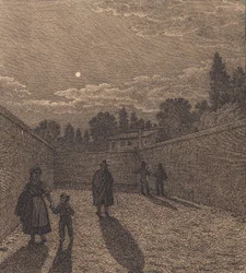 Mondschein über einer Straße. Illustration zu "Linearperspectiven", Tafel IV