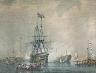 HMS Victory feuert einen königlichen Salut im Hafen von Portsmouth, aus British Adventure veröffentlicht von Collins, 1947
