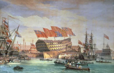 Der Stapellauf der HMS "Trafalgar" in Chatham, Juli 1820