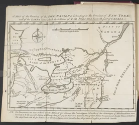 Eine Karte des Landes der Fünf Nationen, das zur Provinz New York gehört; und der Seen, in deren Nähe die Nationen der fernen Indianer leben, mit einem Teil von Kanada