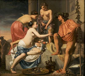 Bacchus auf einem Thron − Nymphen bieten Bacchus Wein und Früchte an