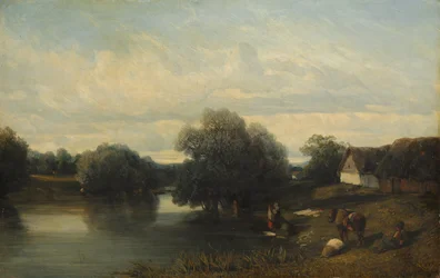 Hütte am Fluss mit Waschfrauen