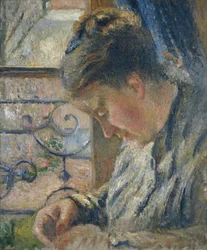 Mme Pissarro näht neben einem Fenster