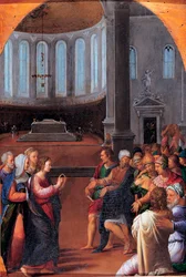 "Christus unter den Doktoren" Gemälde von Camillo Filippi (1500-1574) Öl auf Holz 1550 Maße 47x33 cm Musei Capitolini, Rom