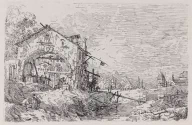 Landschaft mit einer Frau an einem Brunnen, aus der Serie Vedute (Ansichten)