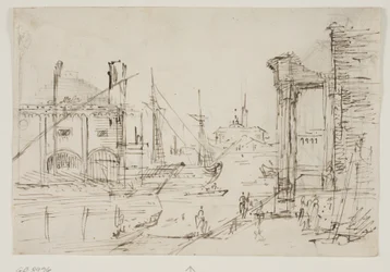 Capriccio mit klassischen Ruinen an einem Kai, einem Bootshaus, zwei Galeeren, zwei Masten eines Segelschiffs dahinter, eine Kuppelkirche im Hintergrund