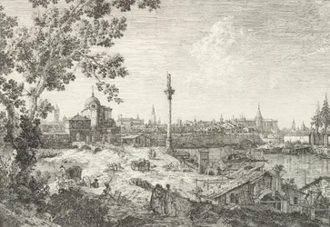 Imaginäre Ansicht von Padua, mit einem Campanile und einer Kuppelkirche links, einer Säule...