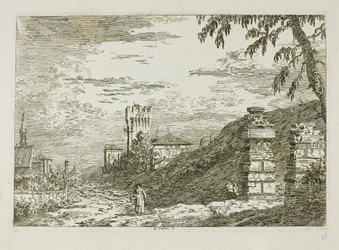 Landschaft mit Turm und zwei zerstörten Säulen, aus Vedute