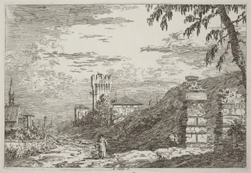 Landschaft mit Turm und zwei verfallenen Säulen [links]