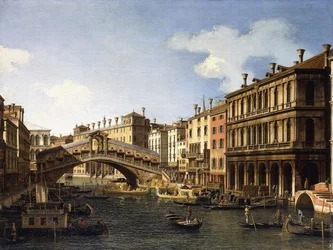 Die Rialtobrücke in Venedig von Süden mit der Einschiffung des Prinzen von Sachsen während seines Besuchs im Jahr 1740