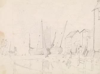 Skizze von gestrandeten Segelbooten und Stelzenhäusern, Hastings