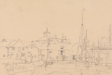 Skizze von Segelbooten, die neben einem Dorf vor Anker liegen