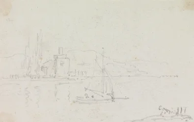 Skizze eines Segelbootes und eines Gebäudes am Ufer