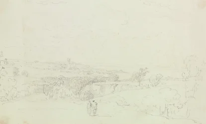 Skizzierte Landschaft mit Schloss in der Ferne