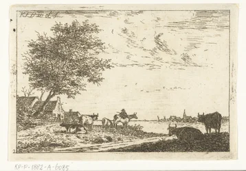 Flusslandschaft mit Bauer und Kühen bei Bauernhof
