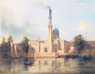 Ansicht auf die neue Dampfmaschine bei Sanssouci