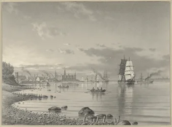 Schiffe auf dem Öresund mit Helsingör und Schloss Kronborg in der Ferne