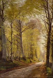 Ein Waldweg mit Hirten und Vieh