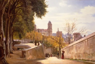 Blick auf Viale Trinità dei Monti mit dem Brunnen der Villa Medici, gesehen von der Via di San Sebastianello, Rom