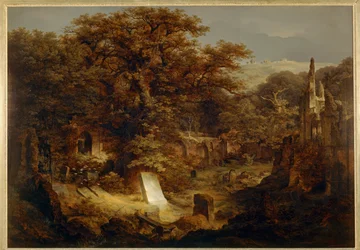 Friedhof und Ruinen von Bäumen überwuchert