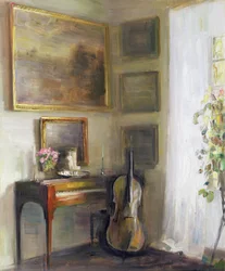 Innenraum mit Cello und Spinett