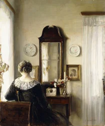 Interieur mit einer sitzenden Frau am Fenster