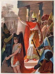 Auf ein Zeichen von Sarastro breitet ein Priester große schwarze Segel über Prinz Tamino und Prinzessin Pamina aus. Illustration von Carl Offterdinger in „Die Zauberflöte“. Private Sammlung.