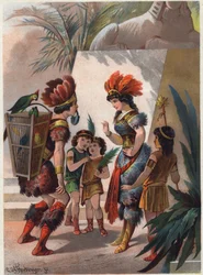 Der schwarze Jäger verschließt Papagenos Mund mit einem Schloss, um ihn für das Lügen zu bestrafen. Illustration von Carl Offterdinger in „Die Zauberflöte“.