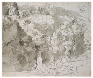 Landschaft bei Subiaco mit einem Wasserfall und dem Kloster San Benedetto